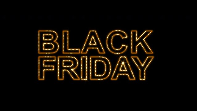 Black Friday text written with golden sparkle lights effect isolated on black background, lighted sign for promotional banner or advertising, shopping and sale concept, introductory theme of marketing