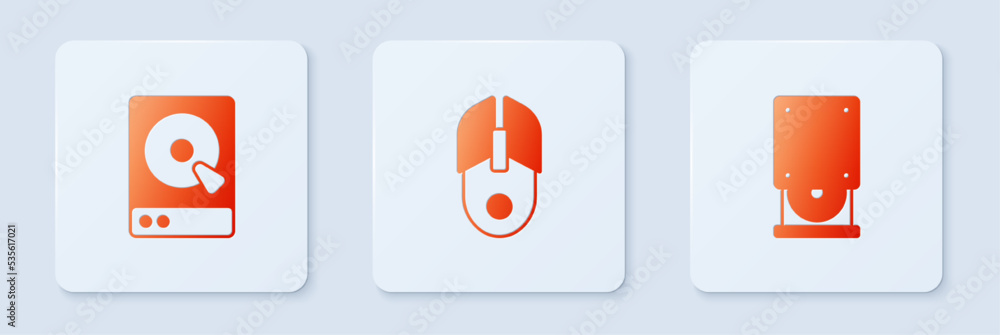 Poster set computer mouse, hard disk drive hdd and optical disc. white square button. vector