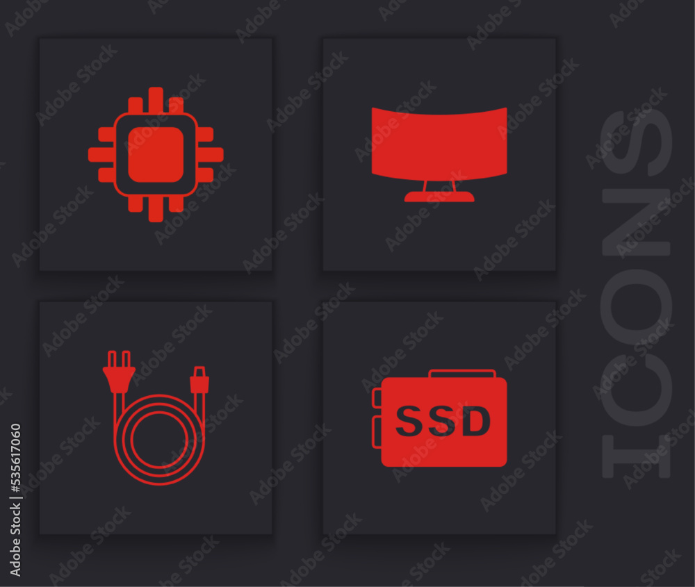 Poster set ssd card, processor with cpu, computer monitor screen and electric plug icon. vector
