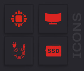 Set SSD card, Processor with CPU, Computer monitor screen and Electric plug icon. Vector