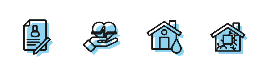 Set line House flood, Document with shield, Life insurance in hand and icon. Vector