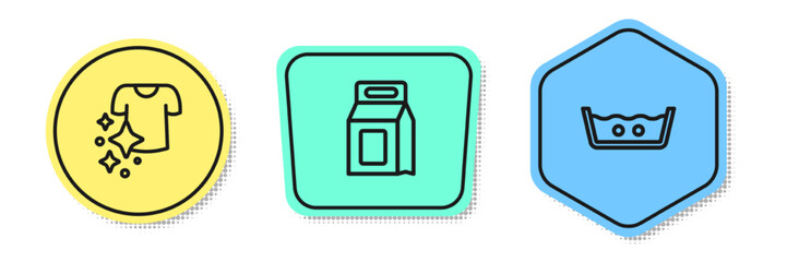 Set line Drying clothes, Laundry detergent and Temperature wash. Colored shapes. Vector