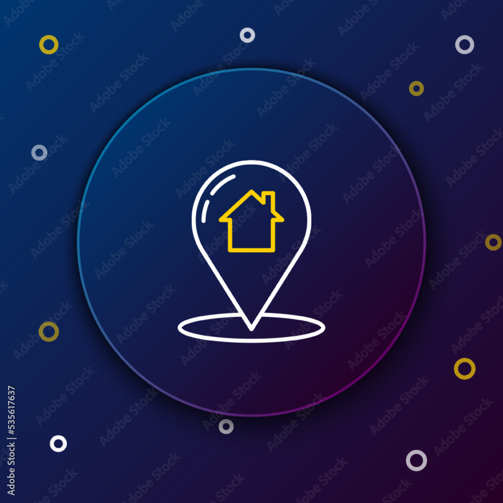 Poster line map pointer with house icon isolated on blue background. home location marker symbol. colorful 