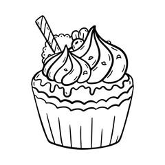Vector doodle cupcake with cream hand drawn design. Sweet new year dessert with cookies and berries isolated on white background. For print, coloring, logo