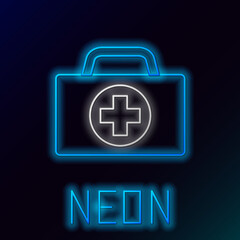 Fototapeta premium Glowing neon line First aid kit icon isolated on black background. Medical box with cross. Medical equipment for emergency. Healthcare concept. Colorful outline concept. Vector