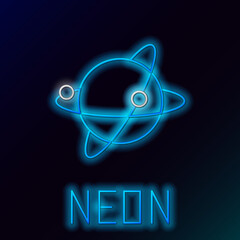 Glowing neon line Artificial satellites orbiting the planet Earth in outer space icon isolated on black background. Communication, navigation concept. Colorful outline concept. Vector