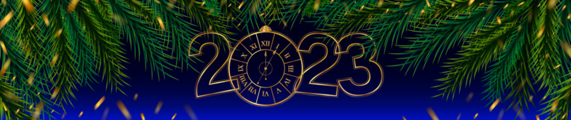 Fototapeta premium Christmas blue banner with spruce branches, golden confetti and stylized number 2023. Festive banner, vector. Happy New Year