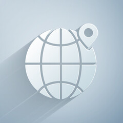 Paper cut Location on the globe icon isolated on grey background. World or Earth sign. Paper art style. Vector Illustration