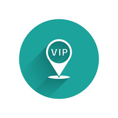 White Location Vip icon isolated with long shadow. Green circle button. Vector