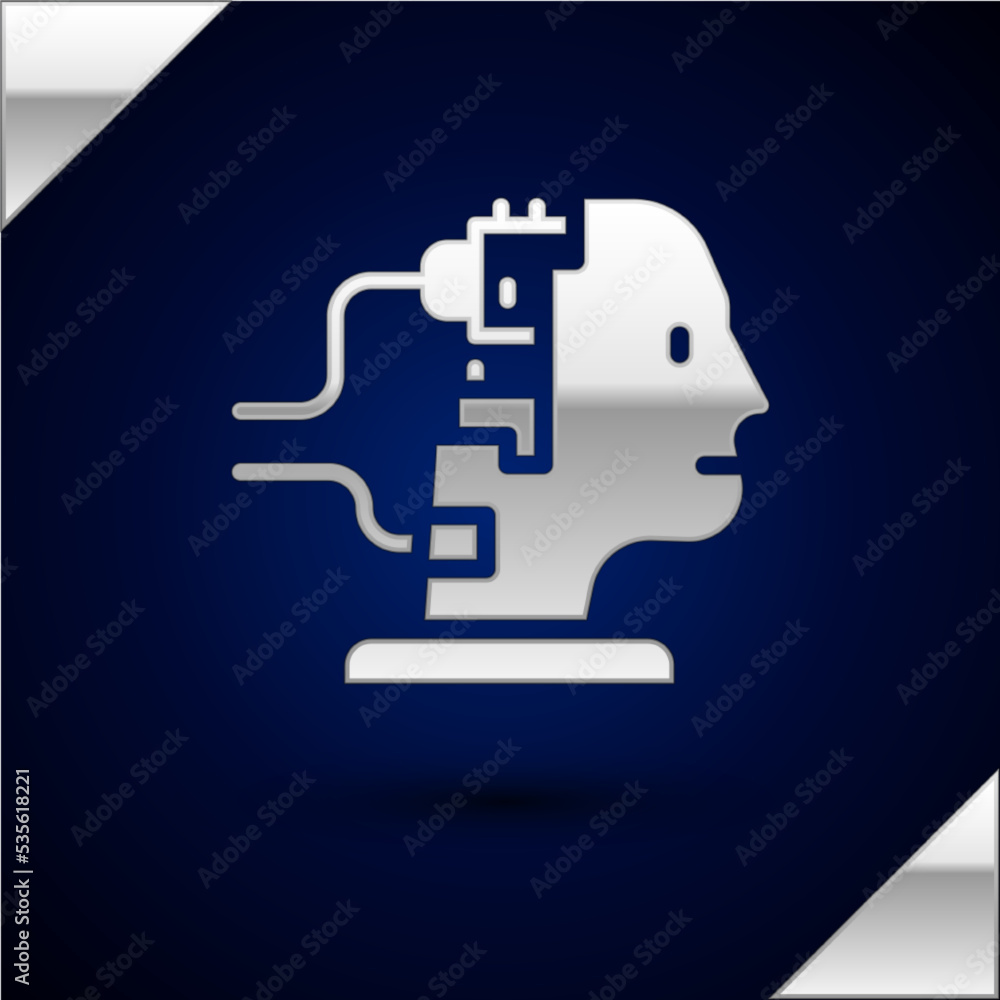 Poster silver robot connected for maintenance icon isolated on dark blue background. artificial intelligenc