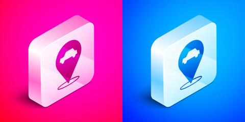 Isometric Location with car service icon isolated on pink and blue background. Auto mechanic service. Repair service auto mechanic. Silver square button. Vector