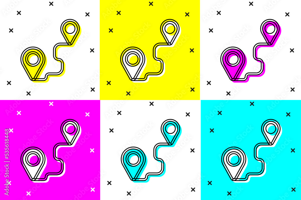 Poster Set Route location icon isolated on color background. Map pointer sign. Concept of path or road. GPS navigator. Vector