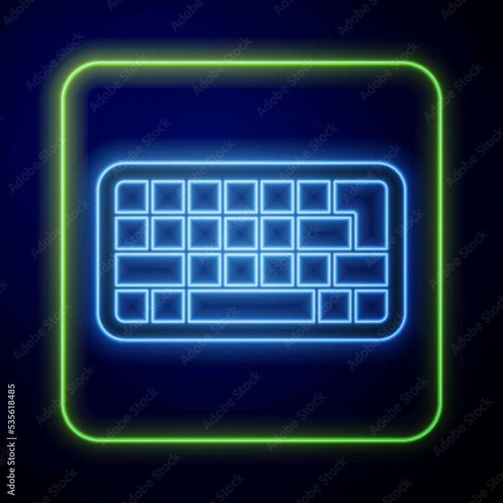 Poster Glowing neon Computer keyboard icon isolated on blue background. PC component sign. Vector