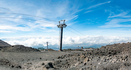 view to cable car with pylon at the volcano Etna in  Sicily