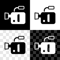Set Cinema camera icon isolated on black and white, transparent background. Video camera. Movie sign. Film projector. Vector