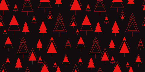 Seamless pattern, geometric red Christmas trees on a black background, different triangles. Festive background, New Year, Christmas theme, print for clothes, wrapping paper. Vector stock image.