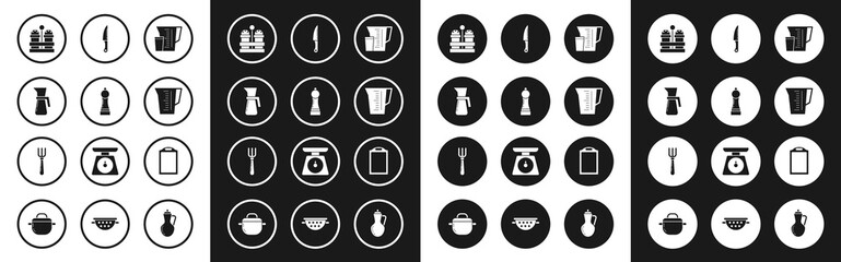 Set Measuring cup, Pepper, Salt and pepper, Knife, Cutting board and Fork icon. Vector