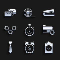 Set Briefcase, Alarm clock with dollar symbol, Completed task, Folder settings gears, Tie, Gear, Office stapler and Envelope icon. Vector