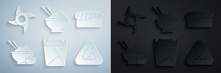 Set Rstaurant opened take out box filled, Sushi, Rice in bowl with chopstick, and Japanese ninja shuriken icon. Vector