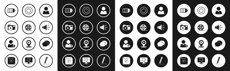 Set Add to friend, Film reel, Photo camera, Battery charge level indicator, Speaker volume, Power button, Speech bubble chat and icon. Vector