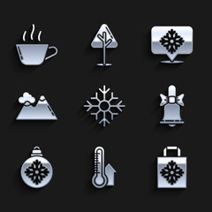 Set Snowflake, Meteorology thermometer measuring, Christmas paper shopping bag, Merry ringing bell, ball, Mountains, with speech bubble and Coffee cup icon. Vector