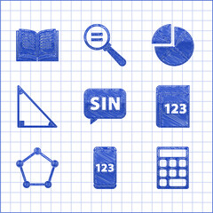 Set Mathematics function sine, Calculator, Book with word mathematics, Geometric figure Pentagonal prism, Triangle, Graph, schedule, chart, diagram and Open book icon. Vector