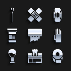Fototapeta premium Set Paper towel dispenser on wall, Wet wipe pack, Toilet paper roll, Rubber gloves, Shaving brush, Medicine bottle, Sanitary napkin and Toothbrush icon. Vector