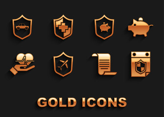 Set Plane with shield, Piggy bank, Calendar, Document, Life insurance in hand, Car and icon. Vector