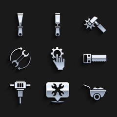 Set Settings in the hand, Location with wrench, Wheelbarrow, Hand saw, Construction jackhammer, Wrench arrows as workflow, Hammer and Putty knife icon. Vector