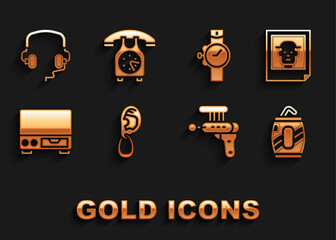 Set Ear with earring, Photo, Soda can straw, Ray gun, Old video cassette player, Wrist watch, Headphones and Telephone handset icon. Vector