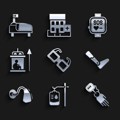 Set Eyeglasses, IV bag, Prosthesis hand, leg, Hearing aid, Elevator for disabled, Smart watch and Hospital bed icon. Vector