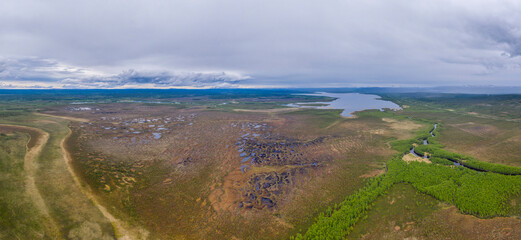 Top view of a large swamp in the Arctic on the border between Russia and Norway