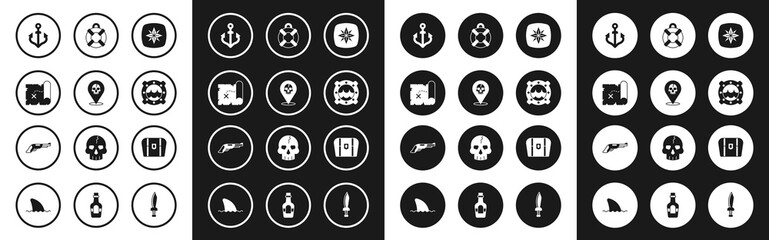 Set Wind rose, Location pirate, Pirate treasure map, Anchor, Ship porthole with seascape, Lifebuoy, Antique chest and Vintage pistol icon. Vector