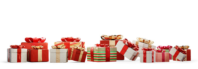 christmas presents in row and green decorated fir 3d-illustration