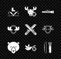 Set Trap hunting, Hunt on moose with crosshairs, Sniper optical sight, Bear head, duck, Bow and arrow quiver, Moose horns shield and Crossed hunter knife icon. Vector