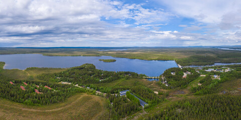Rayakoski village, Murmansk region, top view, aerial photography