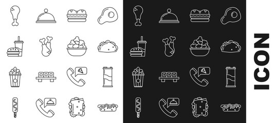 Set line Hotdog sandwich with mustard, Soda can, Taco tortilla, Sandwich, Chicken leg, Paper glass drinking straw burger, and Popcorn bowl icon. Vector