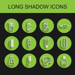 Set line Aftershave, Hairbrush, Electrical hair clipper or shaver, dryer, Blade razor and Cream lotion cosmetic tube icon. Vector