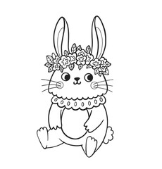 Cute rabbit outline cartoon character. Little bunny wearing flower crown. Coloring book page template for kids and children, doodle print, vector contour illustration.