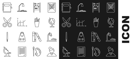 Set line Teacher, Microscope, Earth globe, Abacus, Pie chart infographic, Scissors, Notebook and Pencil case stationery icon. Vector