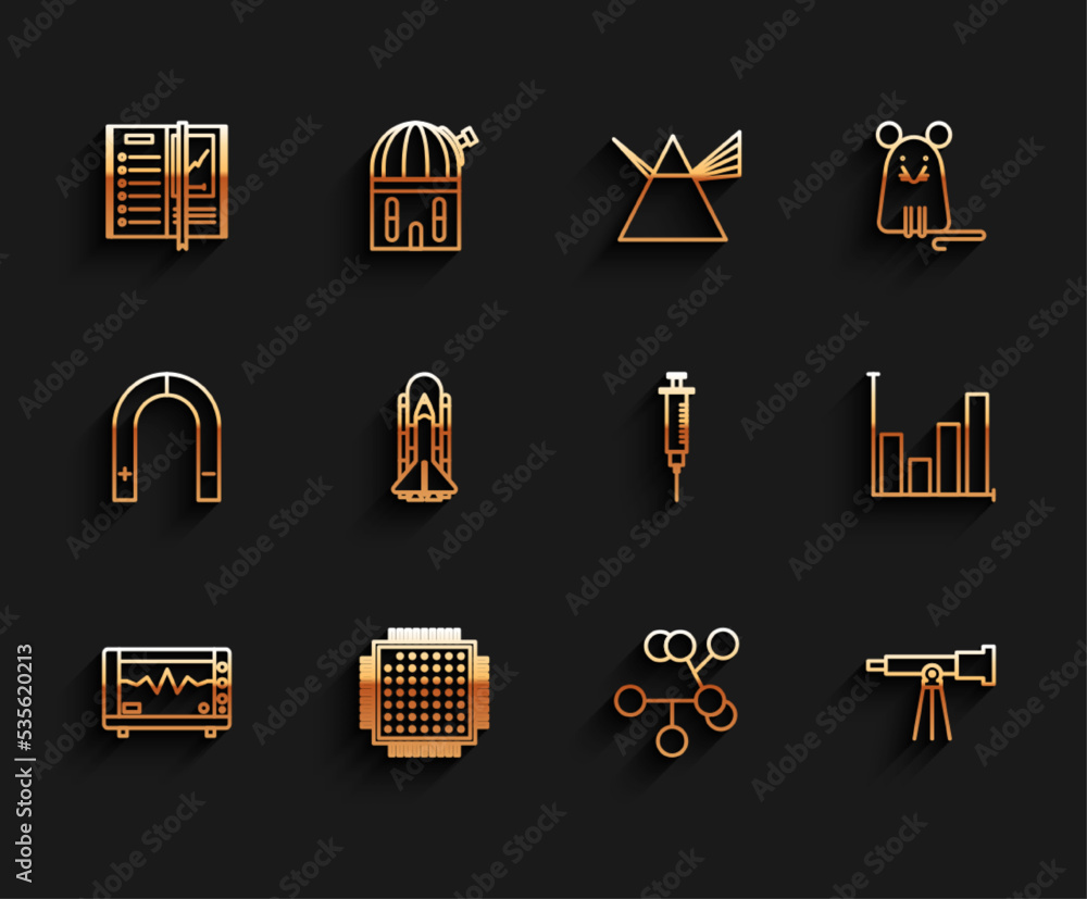 Poster set line computer monitor with cardiogram, processor, notebook, molecule, telescope, space shuttle a