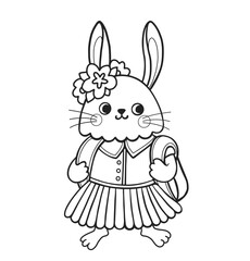 Cute rabbit outline cartoon character. Bunny girl wearing school uniform with backpack. Coloring book page template for kids and children, doodle print, vector contour illustration.