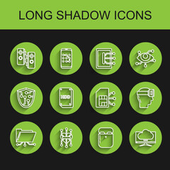 Set line Folder and lock, Processor, Gamepad, Air headphones in box, Computer monitor screen, Hard disk drive HDD, Virtual reality glasses and Sim card icon. Vector