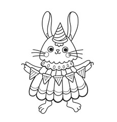 Cute rabbit outline cartoon character. Bunny holding paper flags garland, wearing party hat. Coloring book page template for kids and children, doodle print, vector contour illustration.