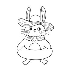 Cute rabbit outline cartoon character. Bunny in straw hat with swim ring. Coloring book page template for kids and children, doodle print, vector contour illustration.