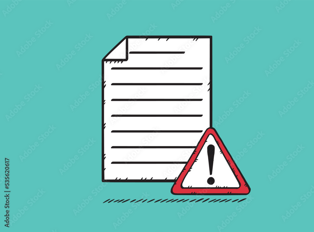 Aufkleber hand drawn illustration of text document with warning sign. doodle vector file.