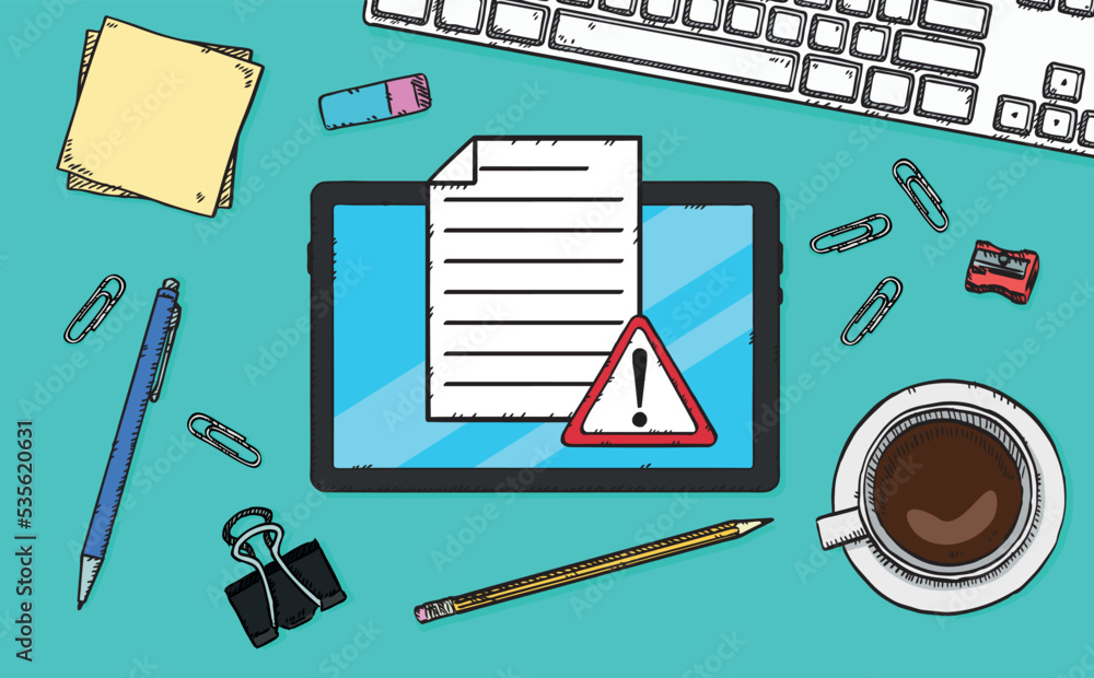 Aufkleber hand drawn illustration of text document with warning sign, showing on tablet screen. the tablet is 
