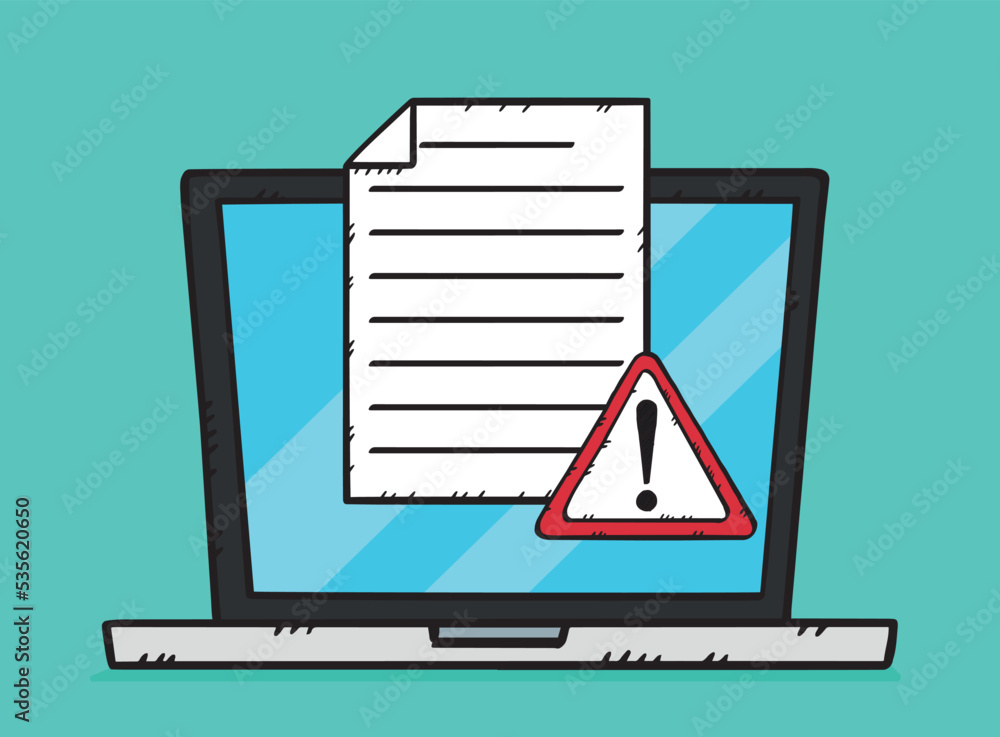 Poster vector sketch style illustration of text document with warning sign on laptop screen. hand drawn doo