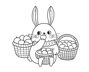 Cute rabbit outline cartoon character. Little bunny eating apple, surrounded by baskets of fruit. Coloring book page template for kids and children, doodle print, vector contour illustration.