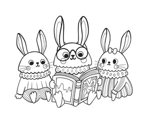 Cute rabbit outline cartoon character. Bunny mom reading fairy tale book to children. Coloring book page template for kids and children, doodle print, vector contour illustration.
